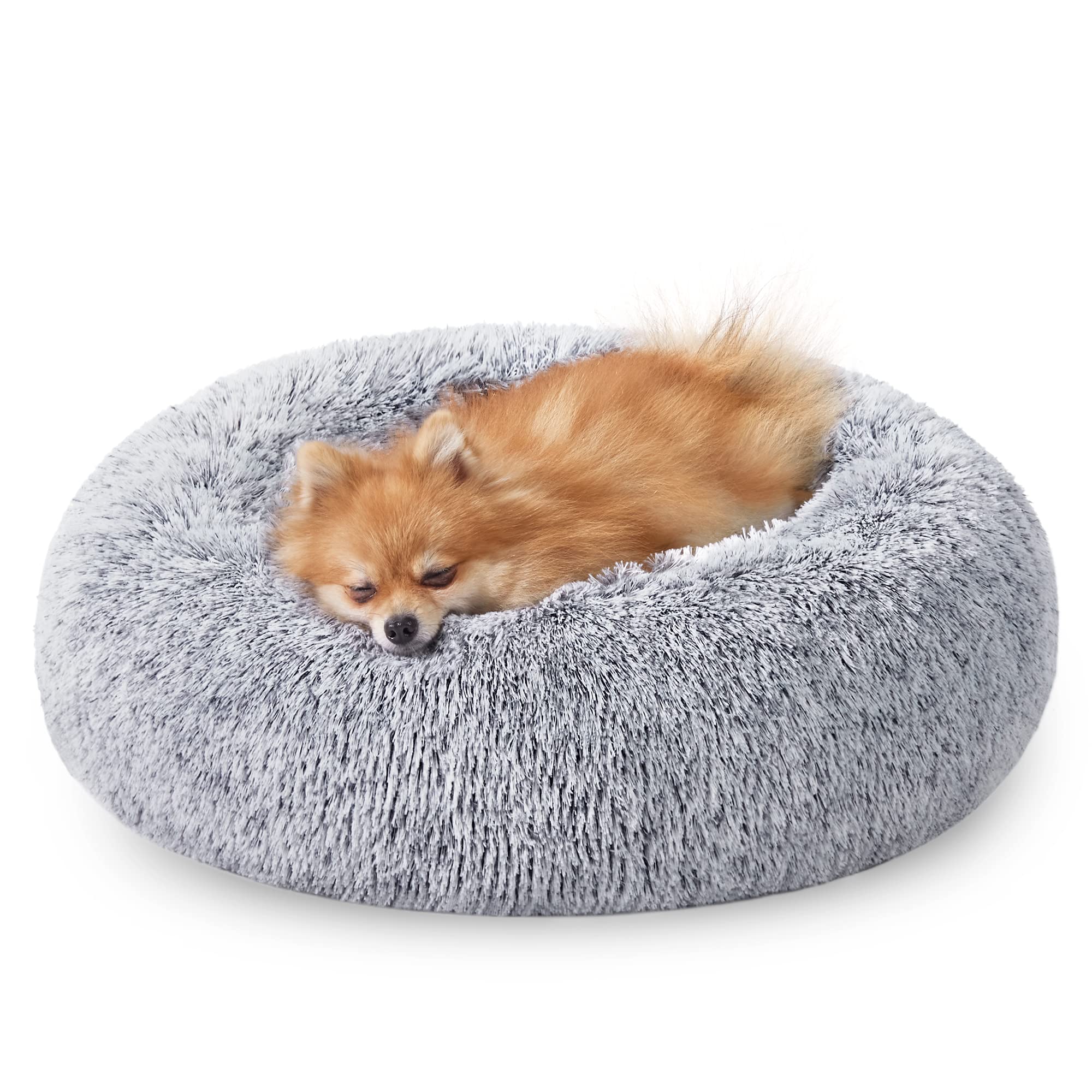 Feandrea panier chien rond et chat, Dehoussable lavable, 60 cm de diamètre | Coussin en forme de beignet, Rembourrage central amovible, Peluche longue, Gris Jacinthe, Collection BOBBEE PGW038G01