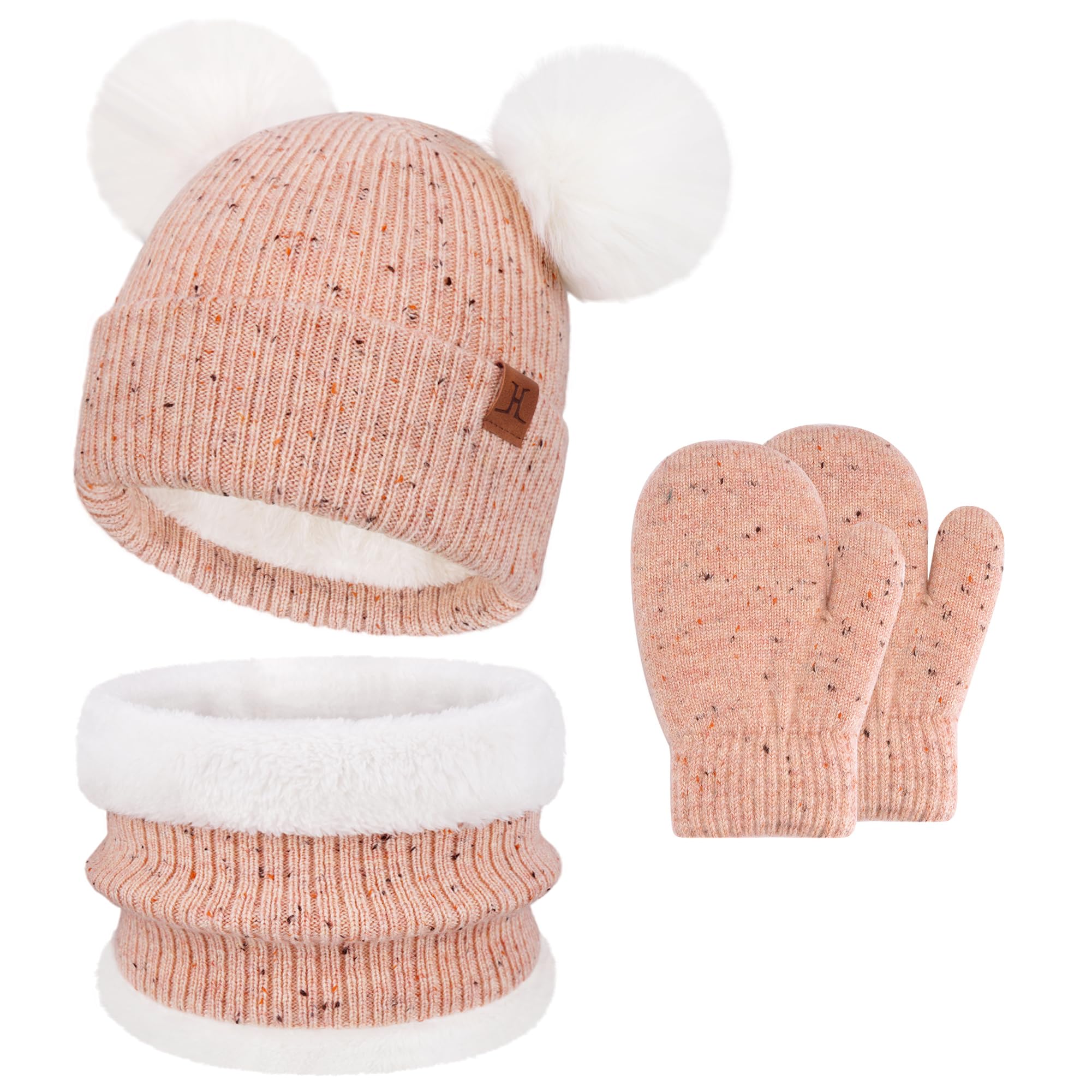 Bequemer Laden Bonnet Polaire Enfant Hiver Écharpe Cache-Cou Gants Ensemble | Bonnet Doublé Polaire Chapeau Enfant Pompon Tricot Écharpe Gants & Mitaines Temps Froid Cadeau Noël Bébé Fille Garçon 0-8 Ans