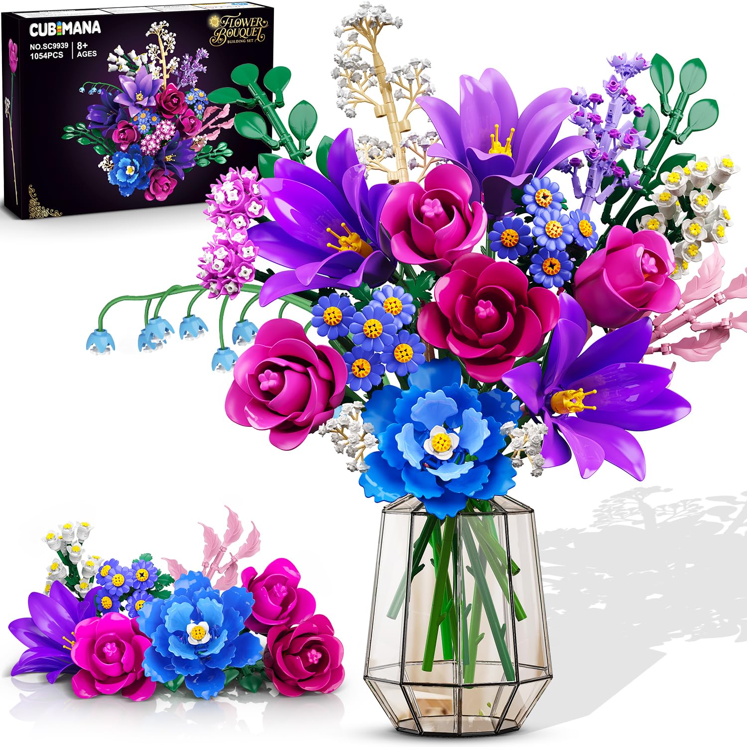 CUBIMANA 21 Bouquet Fleurs Kit Construction avec LED pour Adultes Fille 12+ | 1054PCS Collection Botanicals, Plantes Artificielles pour Décoration Intérieure, Cadeau pour Femme, Épouse, Mère, Petite Amie