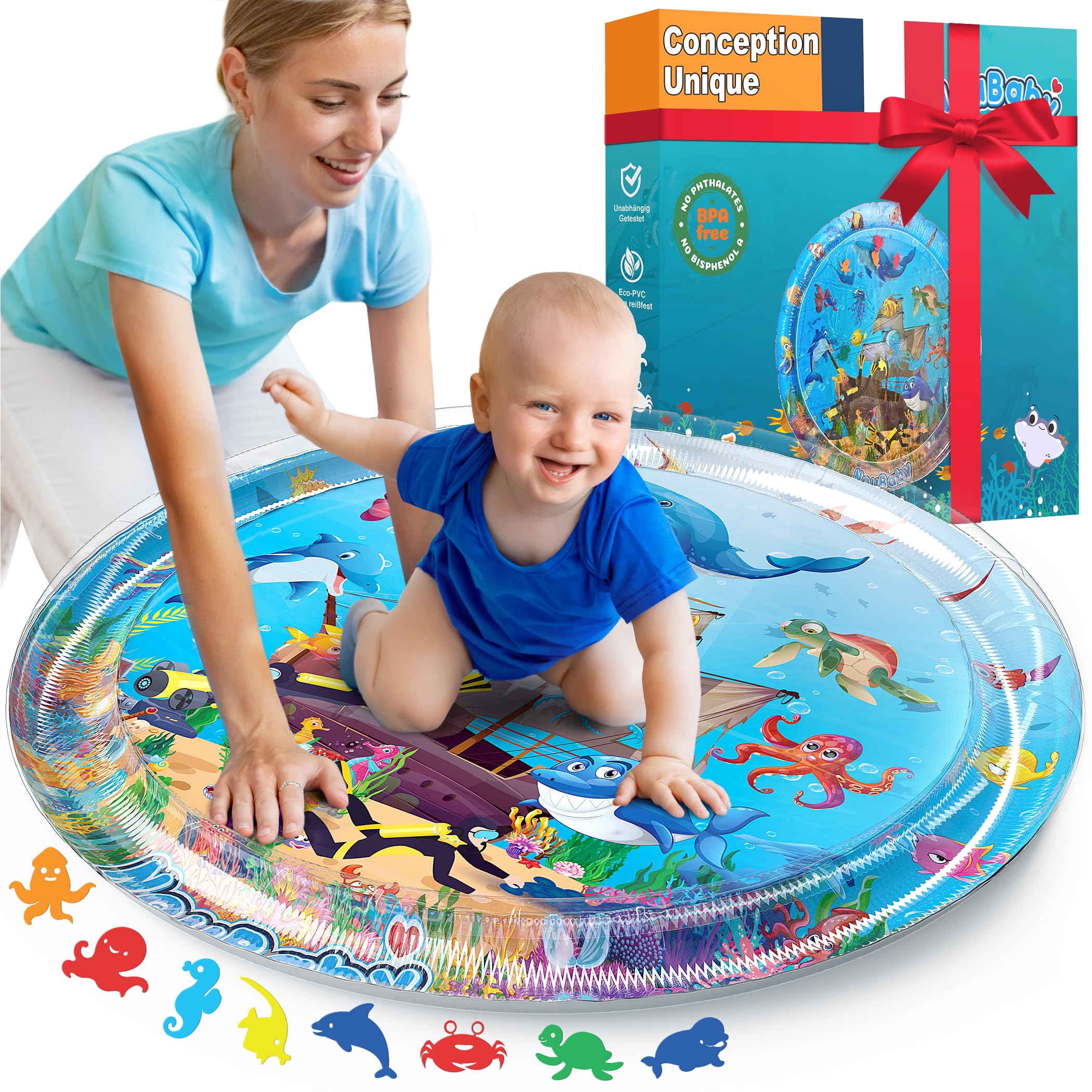 NouBaby® Tapis Eau Bebe Eveil Sensoriel XXL - Jeux Bebe 0-3 Mois Tummy Time - Tapis D Eau Bebe Aquarium - Tapis Eveil Bebe XXL - Jeux D Eveil Bebe 0-6 Mois - Cadeau Bebe