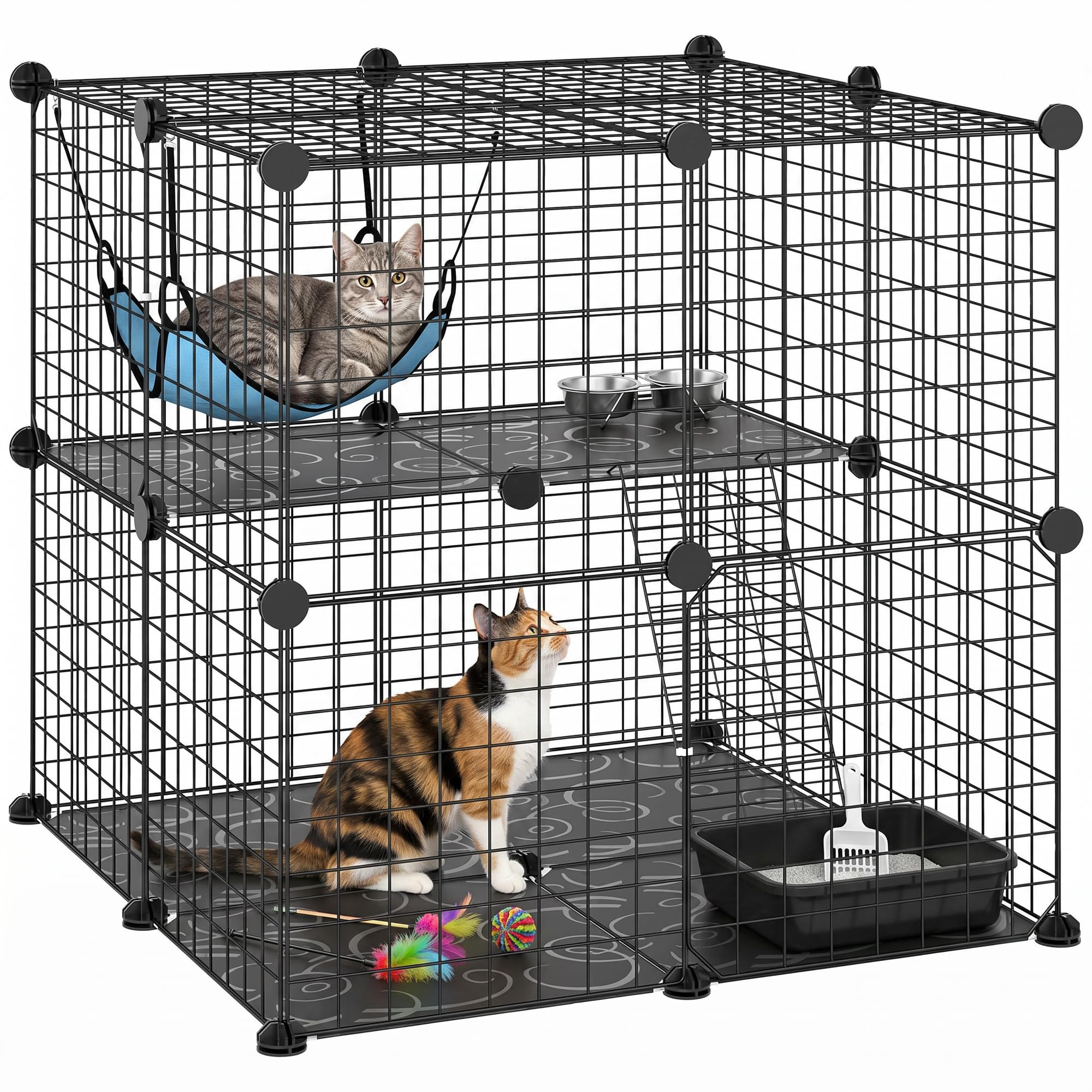 PawHut Cage Chat Intérieur 2 Niveaux Enclos Chat Modulable 70x70x70cm Noir | Fil Métallique, 2 Portes, Plateforme, Hamac, Échelle pour Lapins, Furets, Petits Animaux de Compagnie