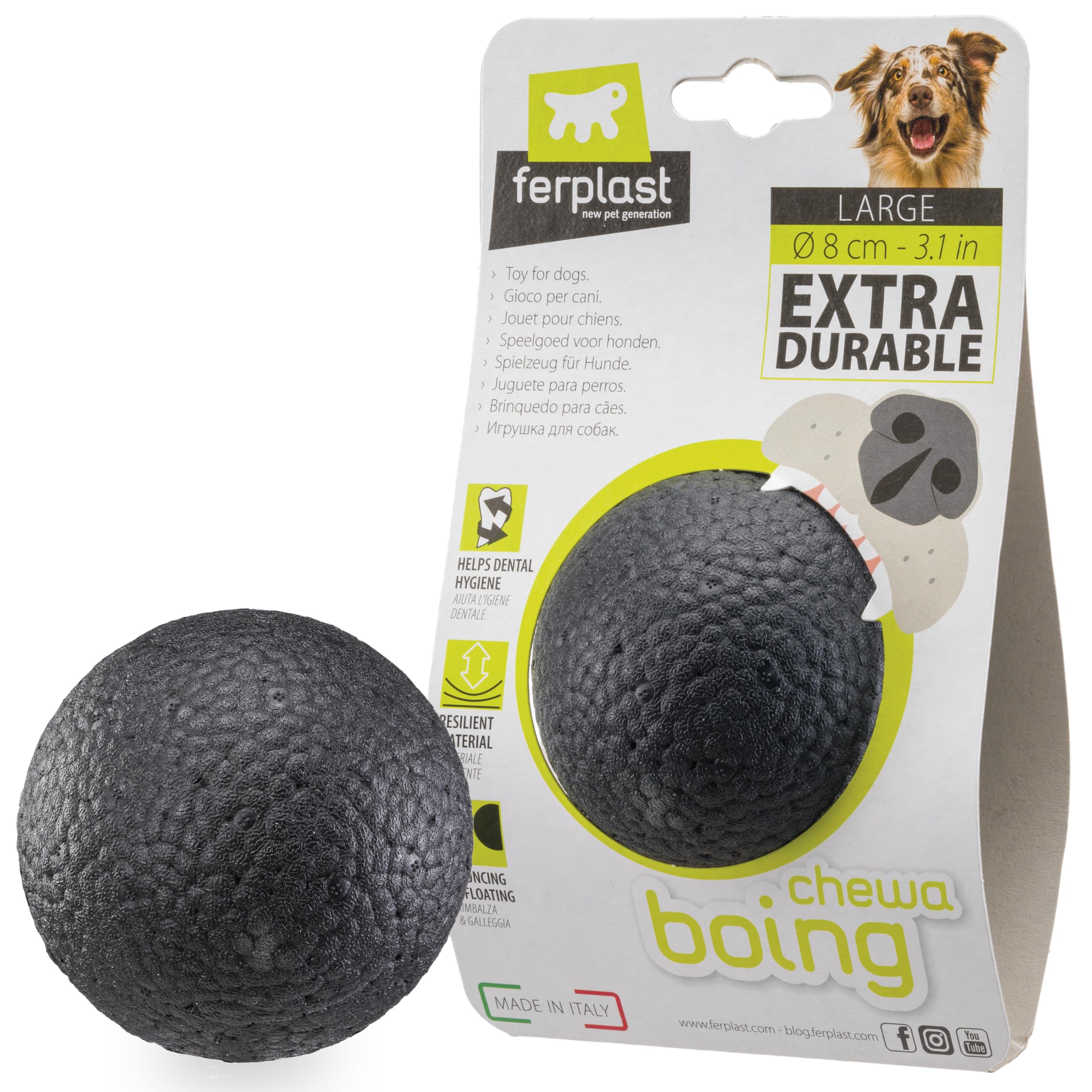 Ferplast Jouet Chien, Balle pour Chien, en Matériau Durable, Non Toxique, Résistante aux Morsures, pour l'Hygiene Dentaire, Rebondissant et Flottant, CHEWA BOING Balle, Jouets Gros Chien, Noir