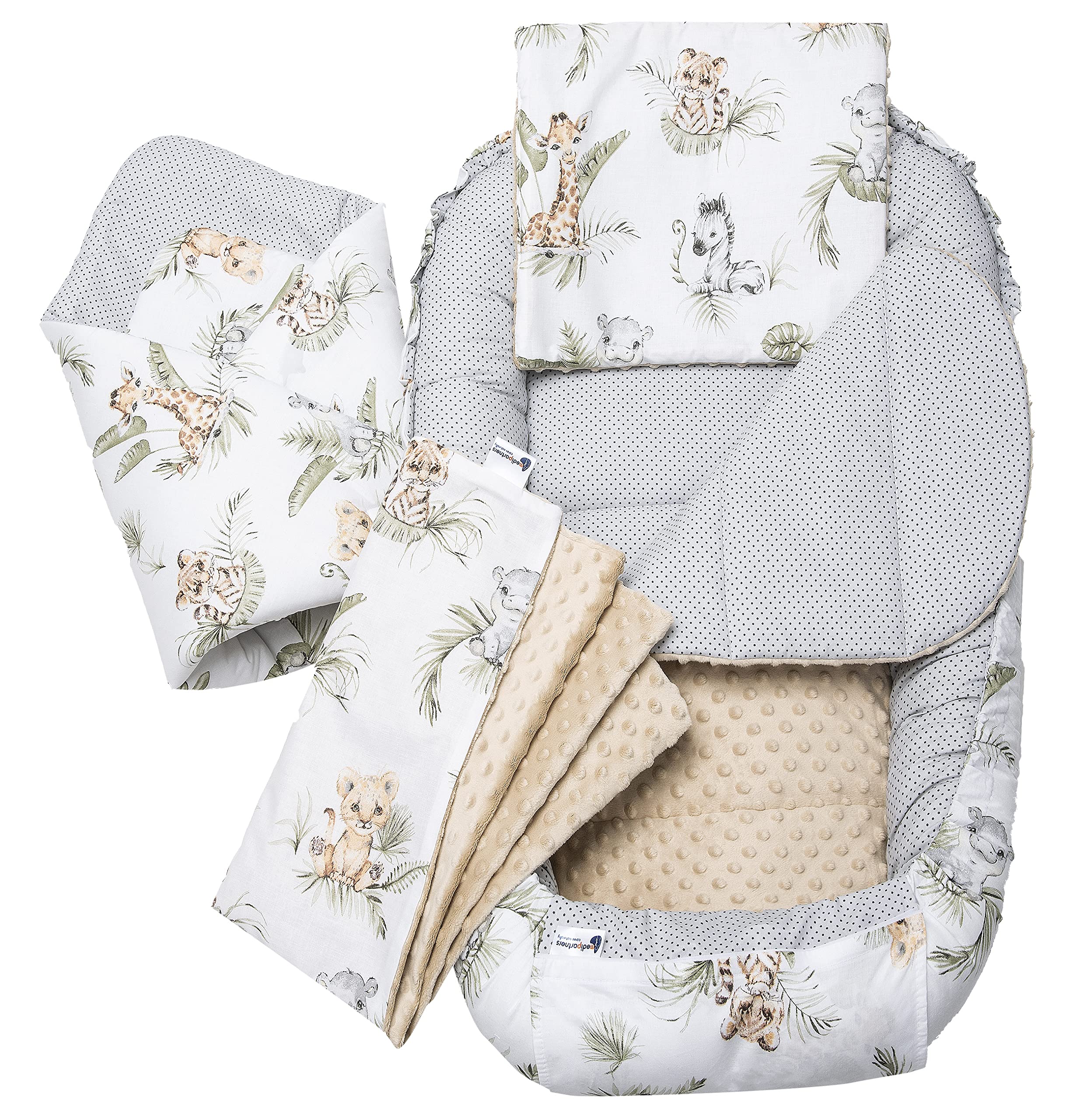 Medi Partners Réducteur de Lit Bébé 5 éléments Cocon Nid bébé 100x60x15cm | Nid pour bébé réversible en coton 100%, doux et douillet, pour la maison et les voyages dès la naissance (Safari)
