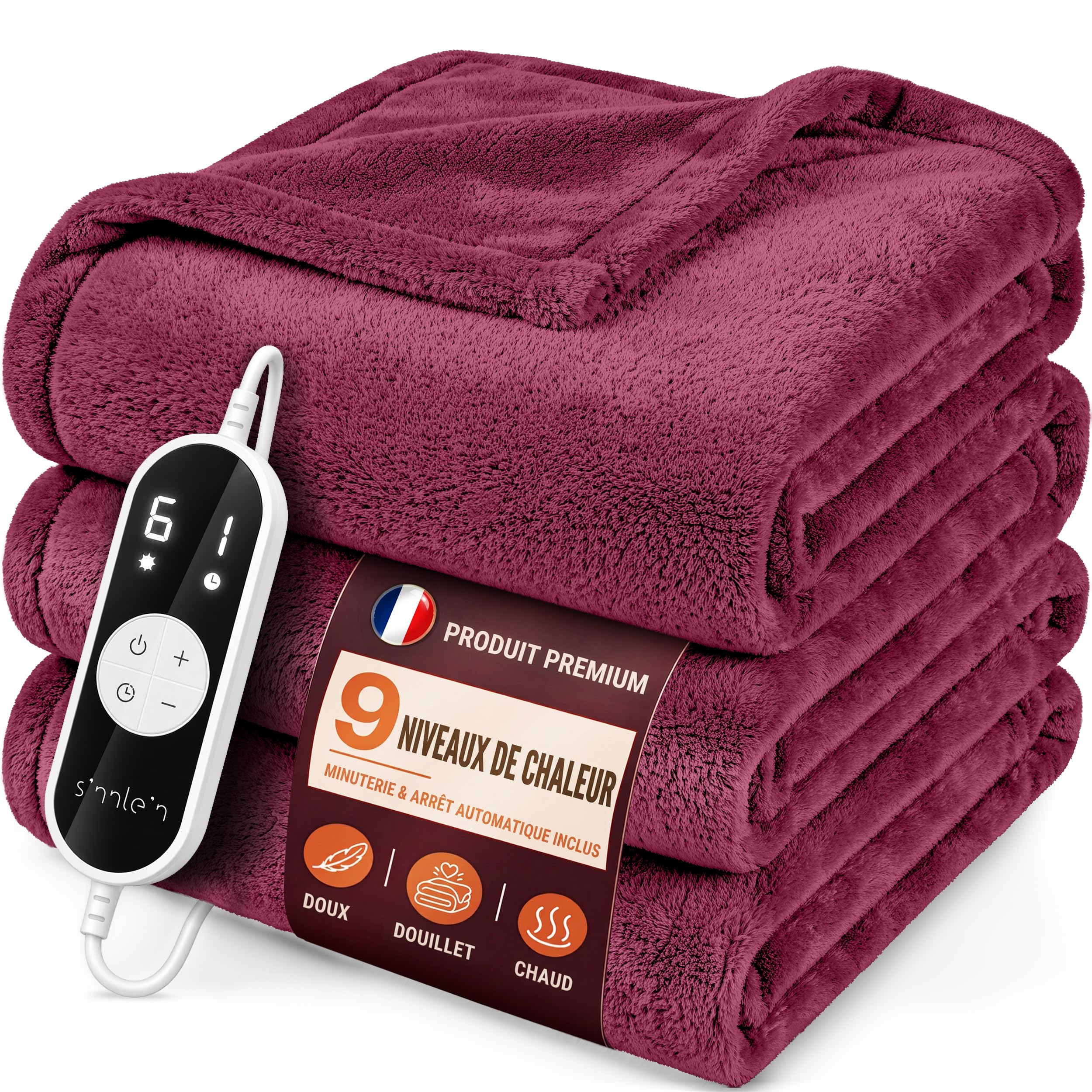 sinnlein® Chauffe-lit Surmatelas Chauffant | 180 x 130 cm | Bordeaux | Couverture Électrique avec Arrêt Automatique | 9 Niveaux de Température | Affichage Digital