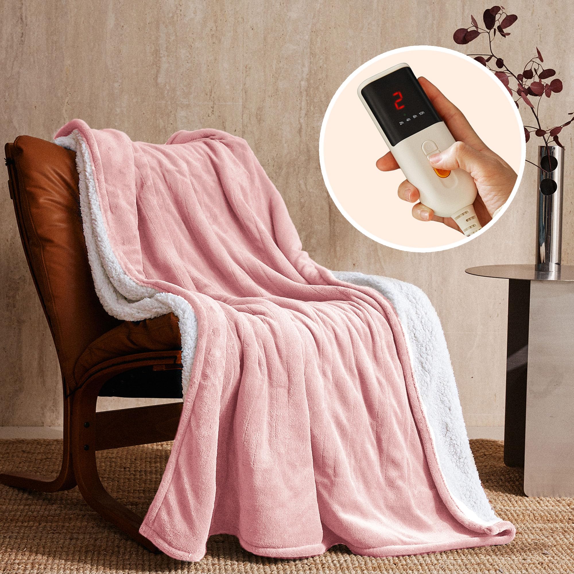 JET'S HOME Couverture Chauffante 130x180cm, Plaid Chauffant, Rose | 6 Niveaux de Chaleur, Minuteur de 10 Heures Couverture Électrique, Protection Contre la Surchauffe, Lavable en Machine