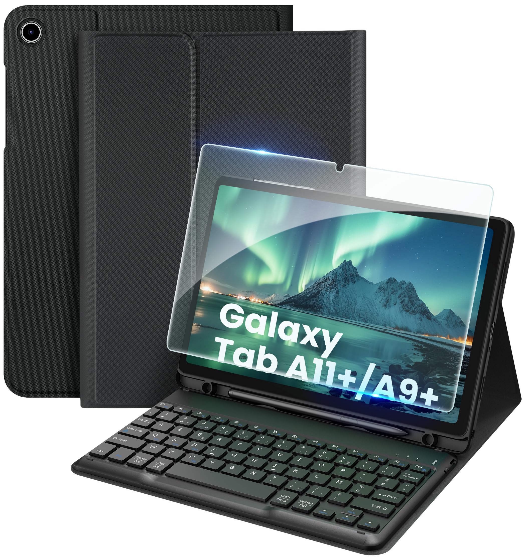 EasyAcc Coque Clavier pour Samsung Galaxy Tab A11+ Plus/A9 Plus 11 Pouces | Étui Clavier sans Fil pour 2025/2023 avec Film de Protection, [AZERTY Français] Clavier Amovible avec Porte-Stylo, Noir