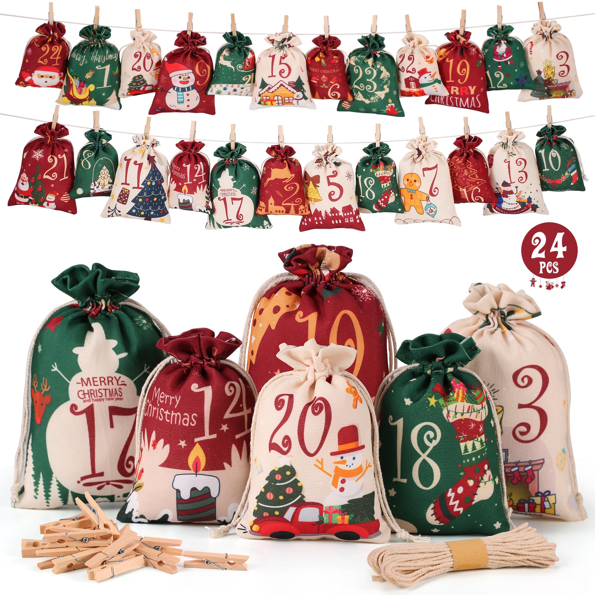 DazSpirit Calendrier de l’Avent à Remplir, 24 Sachets en Tissu DIY Noël | 24 sachets en tissu en 2 tailles, 24 pinces en bois et corde de jute de 10 m pour cadeaux, friandises et surprises de Noël