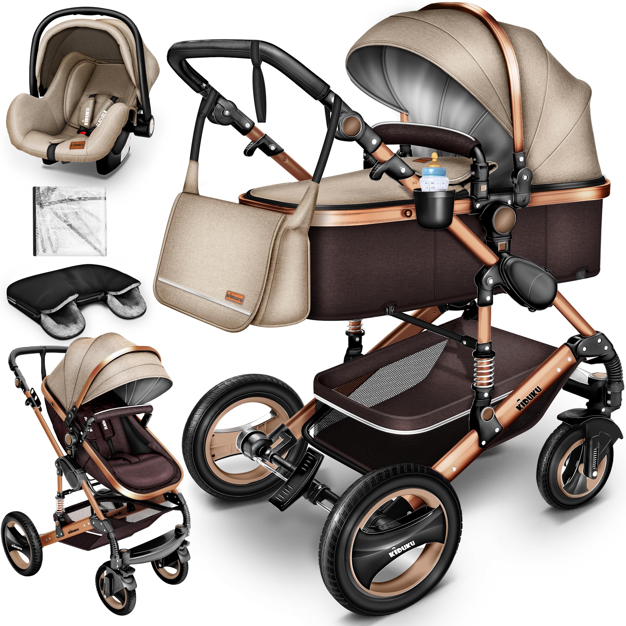 KIDUKU® Poussette Combinée 3 en 1 | Trio pour Enfants | Siége Auto Légère, Piable | Nacelle Souple Convertible | Set de Voyage (Marron)