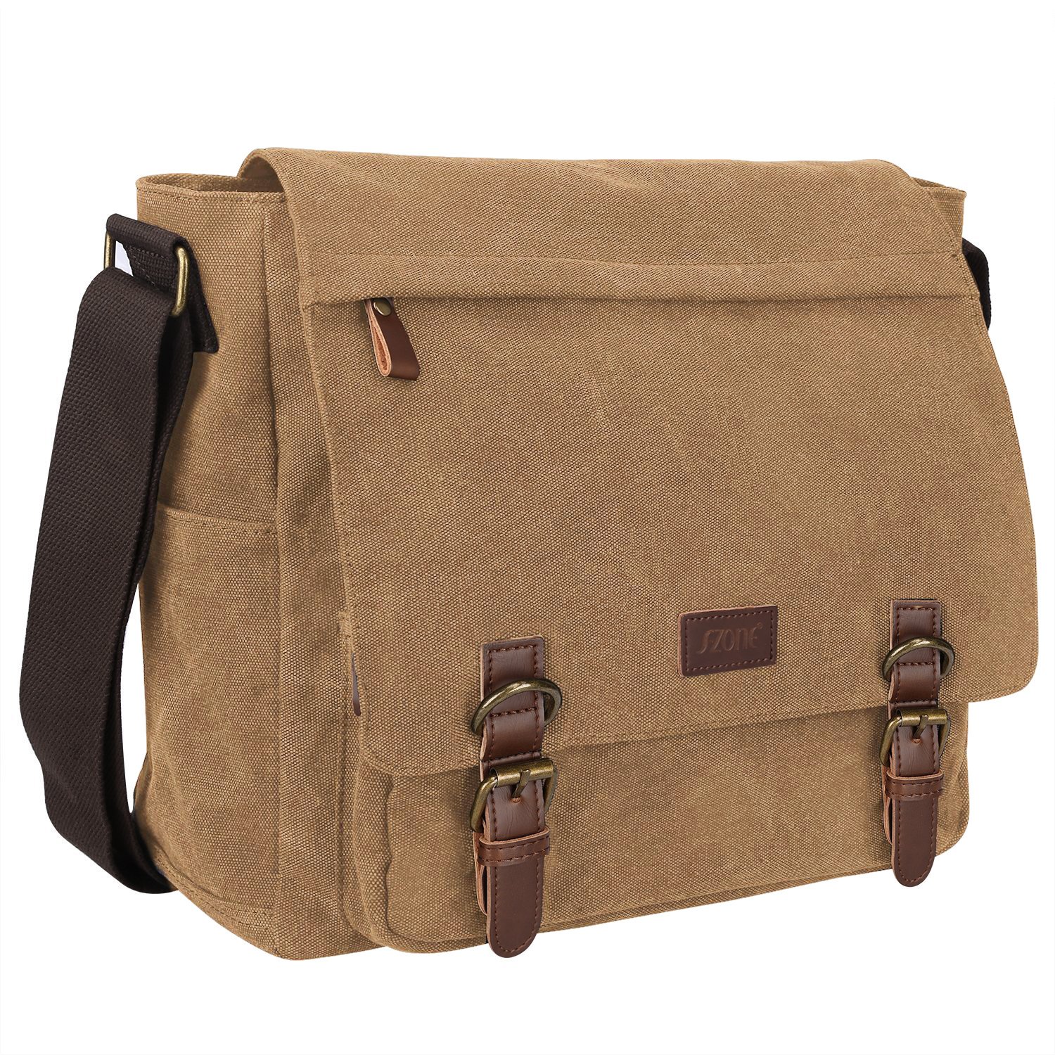 S-ZONE Homme Sac à Bandoulière 15,6 Pouces Grand Sac pour Ordinateur Portable Sac Messager en Toile Vintage Porte-Documents Sac à Bandoulière Sac de Bureau Sac de Travail