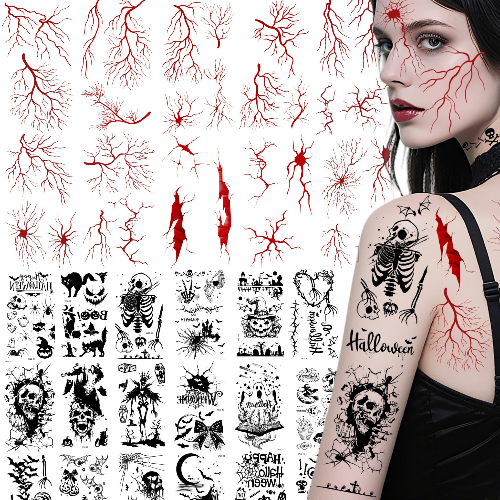 230 Pièces Tatouage Halloween,Tatouage Ephemere Homme Femme,Accessoire Halloween Decoration,Tatouage Halloween Visage,Faux Tatouage Araignée Autocollant Halloween Decoration Fenetre