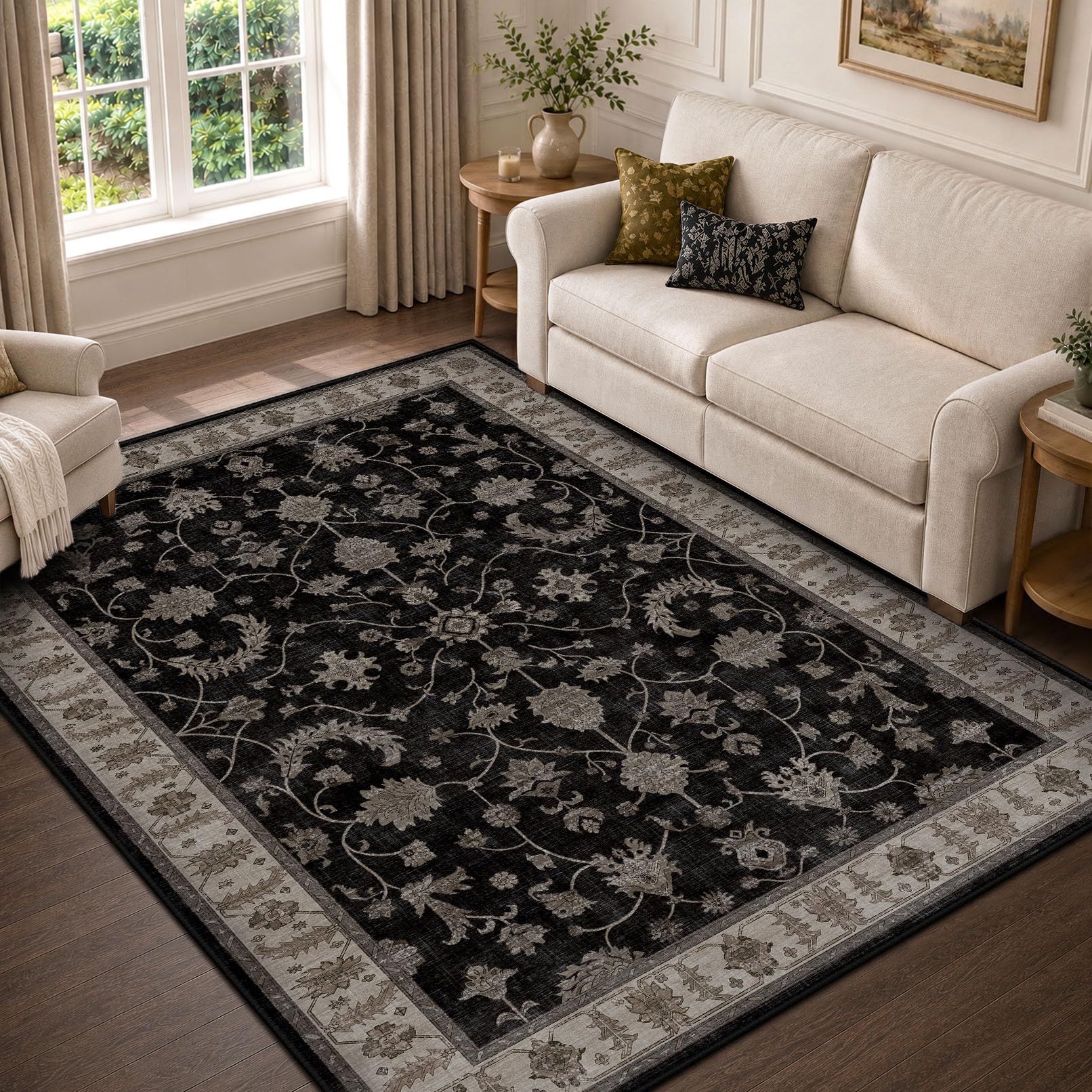 INOVADAY Tapis Lavable Vintage Bohème 140x200 cm Noir Tapis Salon | Chambre, Salle à Manger, Cuisine, Bureau, Salle de Bain, Couloir, Oriental, Lavable en Machine, Poils Courts, Antidérapant