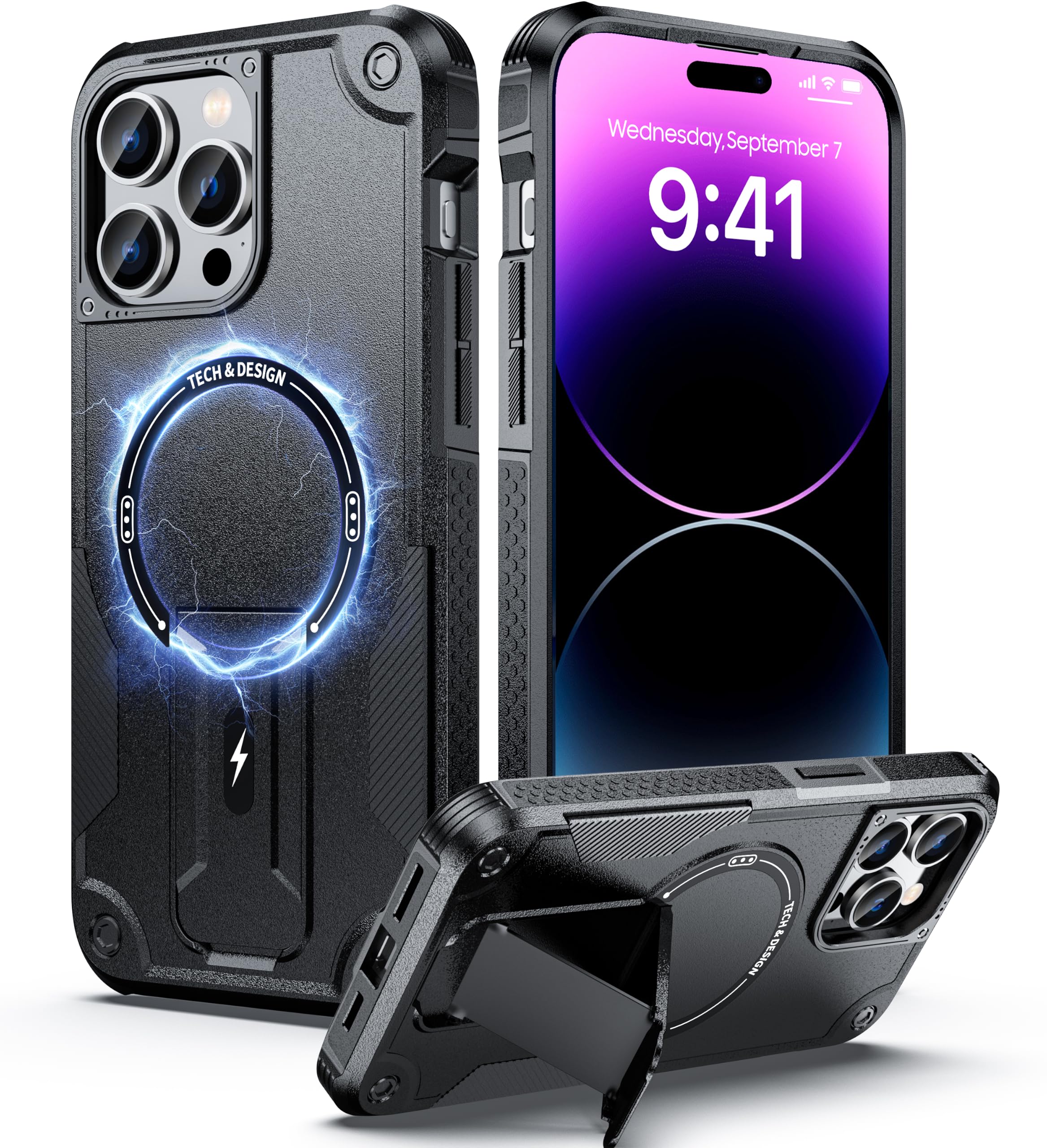 Tuvror Coque Magnétique pour iPhone 14 Pro avec Support, Noir | Compatible avec MagSafe, support intégré, protection militaire, coque robuste antichoc pour iPhone 14Pro