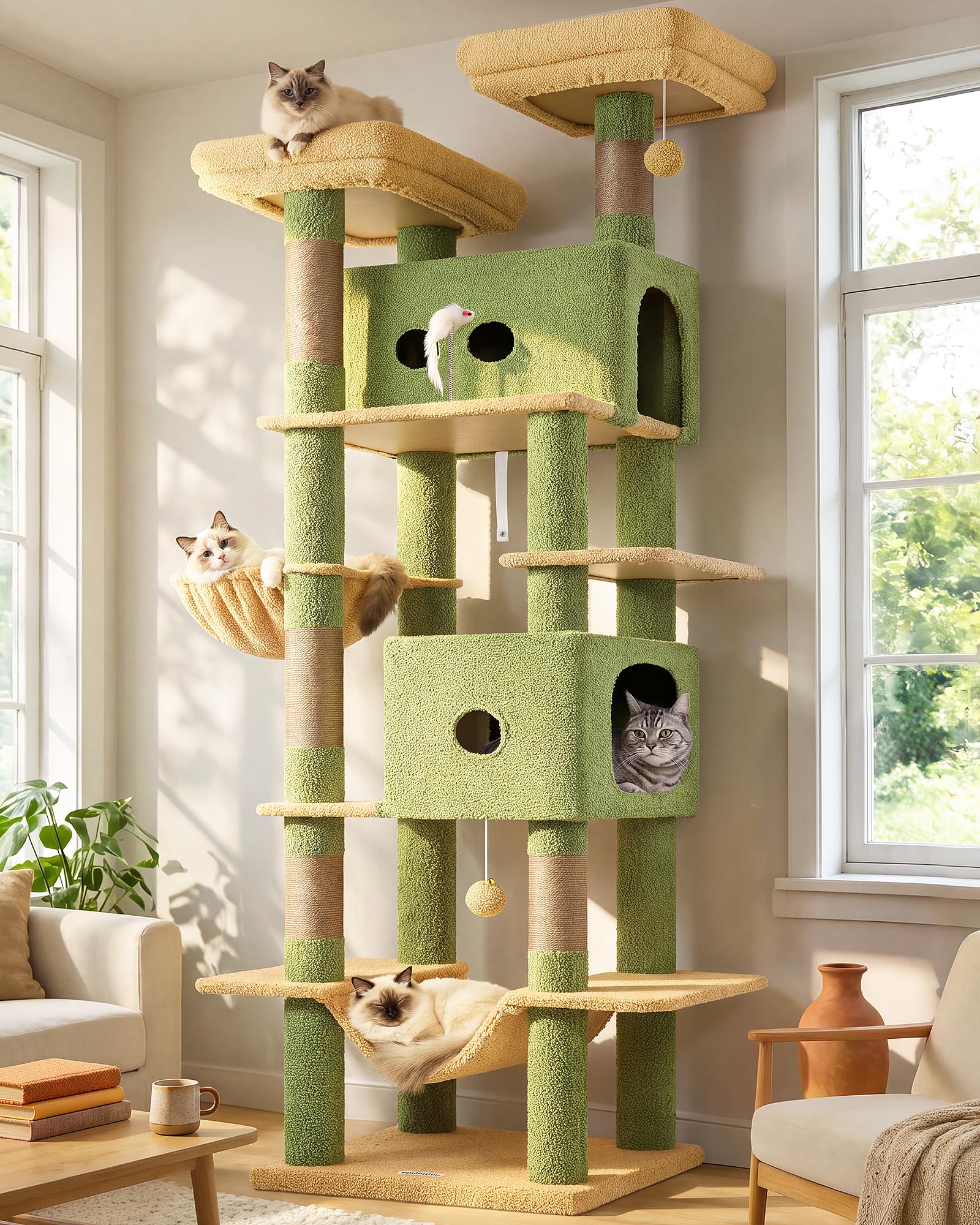 Globlazer S80B Arbre à Chat Cactus Vert XXL Stabl 204 cm pour Grand Chats | Solide Arbres a Chats avec 2 Grand Niches, 2 Rembourré Plateforme, Doux Panier, Hamac, Robuste et Sûr, pour 3-5 Chats Adultes