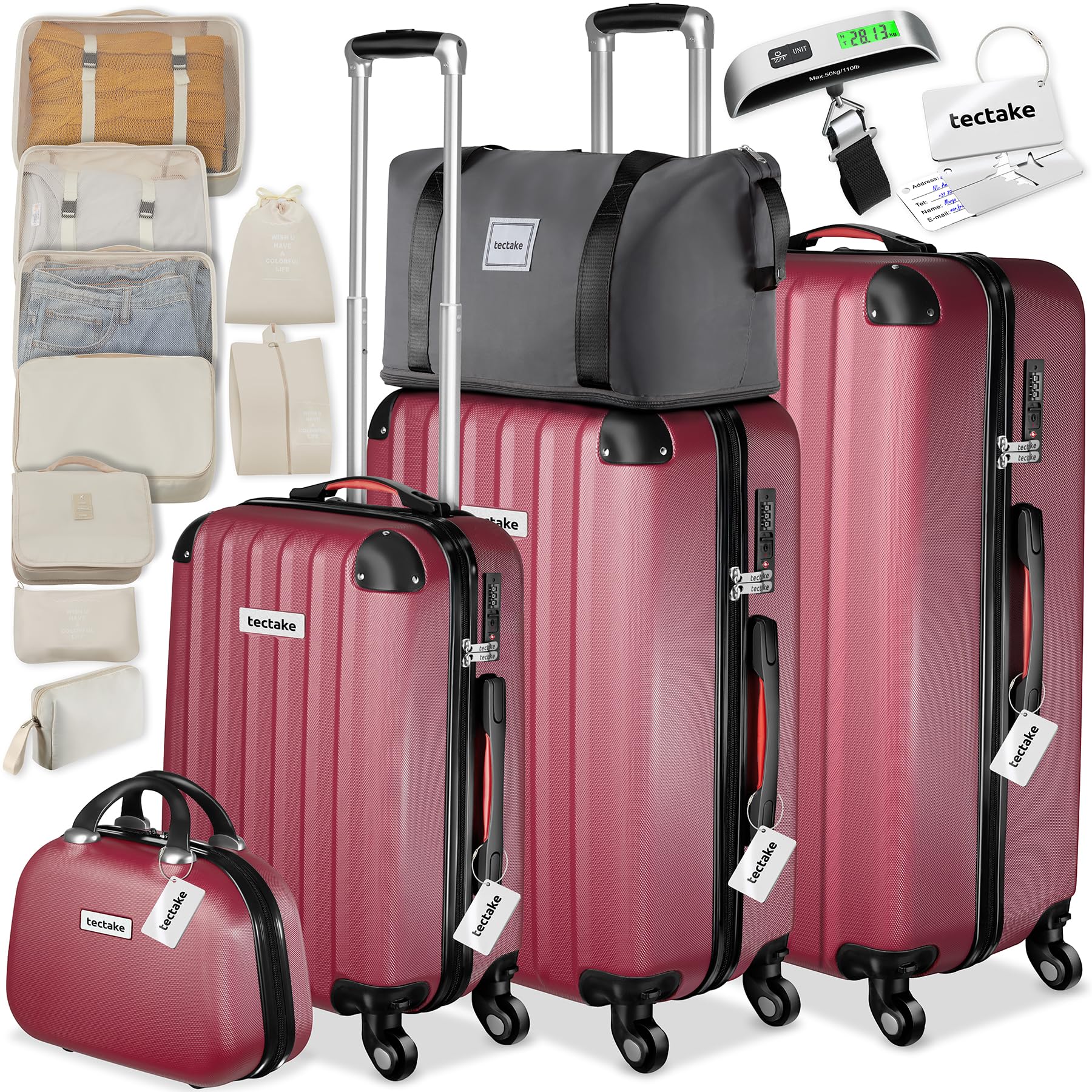 tectake® Set de Valises Coque Rigide ABS, 3 Tailles M-L-XL, Vanity Case, Sac de Voyage, roulettes 360°, Serrure TSA, Poignée télescopique, Kit de Rangement, Pèse-Bagage et étiquettes - Rouge Bordeaux