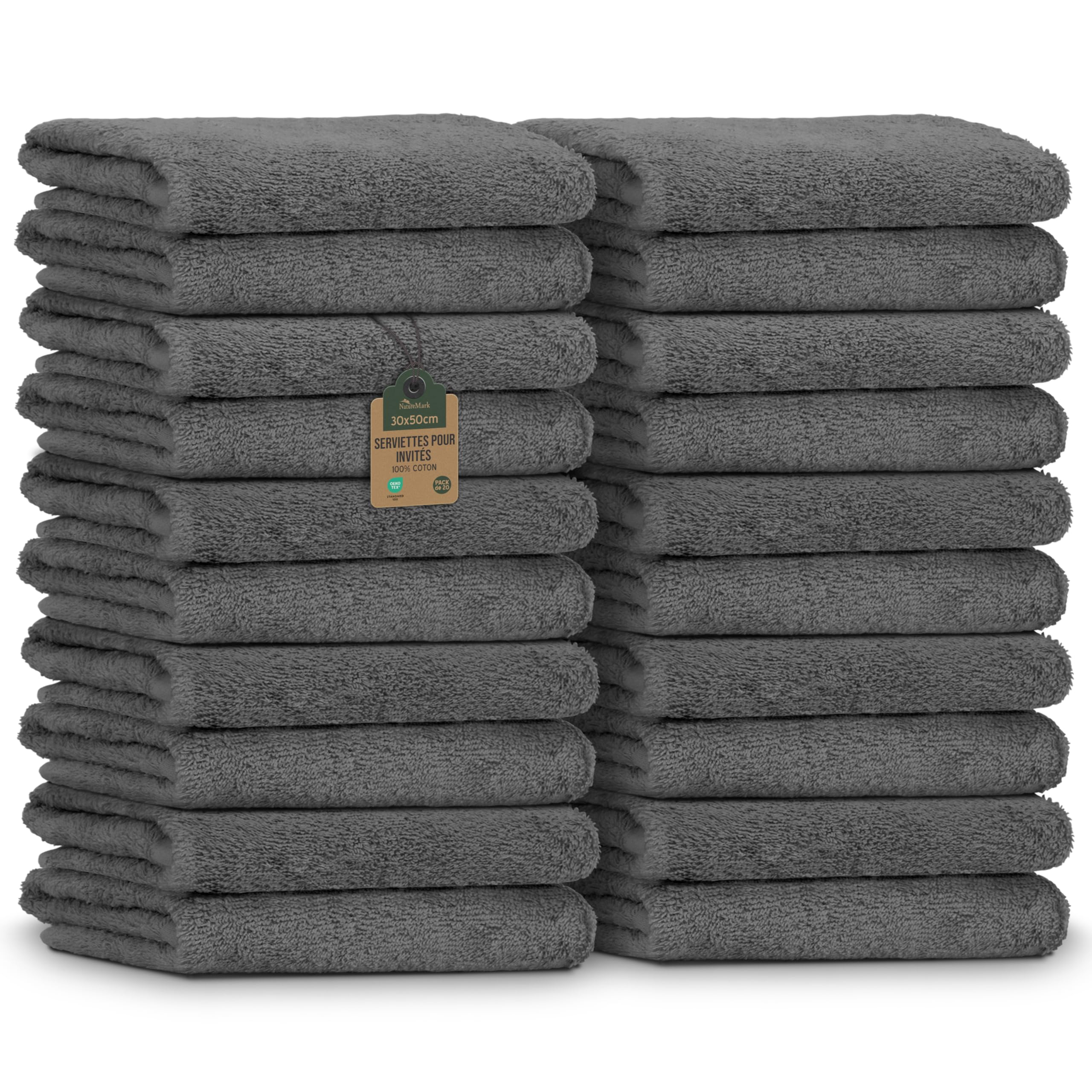 NatureMark Serviettes d'invité – Lot de 20 (30x50 cm), 100% Coton, certifiées Oeko-TEX, Douces, absorbantes et faciles d'entretien – pour Salle de Bain, invités & Spa – Gris Anthracite