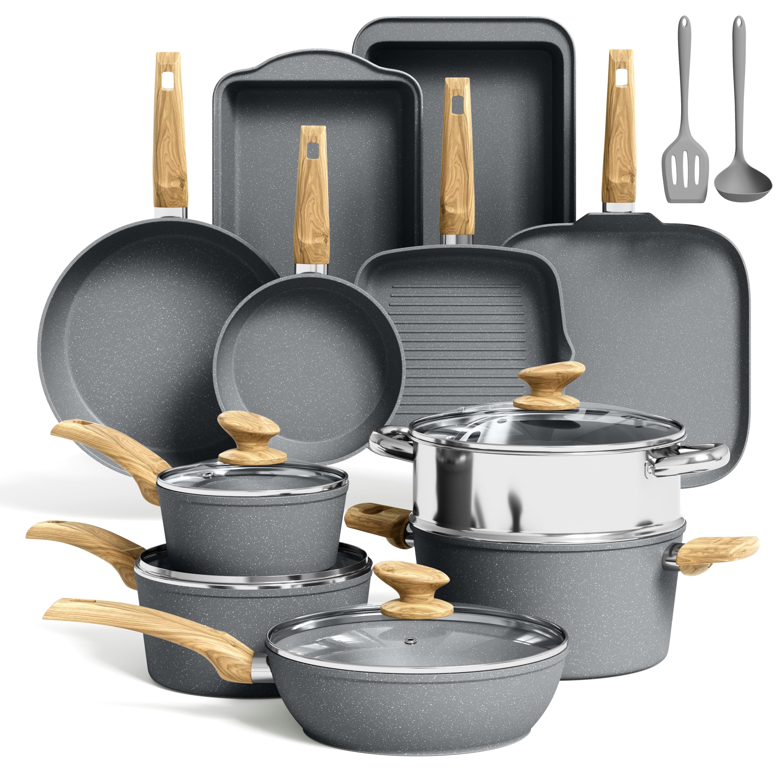 Kitchen Academy 17 Pièce Granit Batterie Casseroles de Cuisine Induction | Batterie de Cuisine tout Feux, Revêtement Antiadhésif 100% sans PFOA, PTFE, Chauffage uniforme