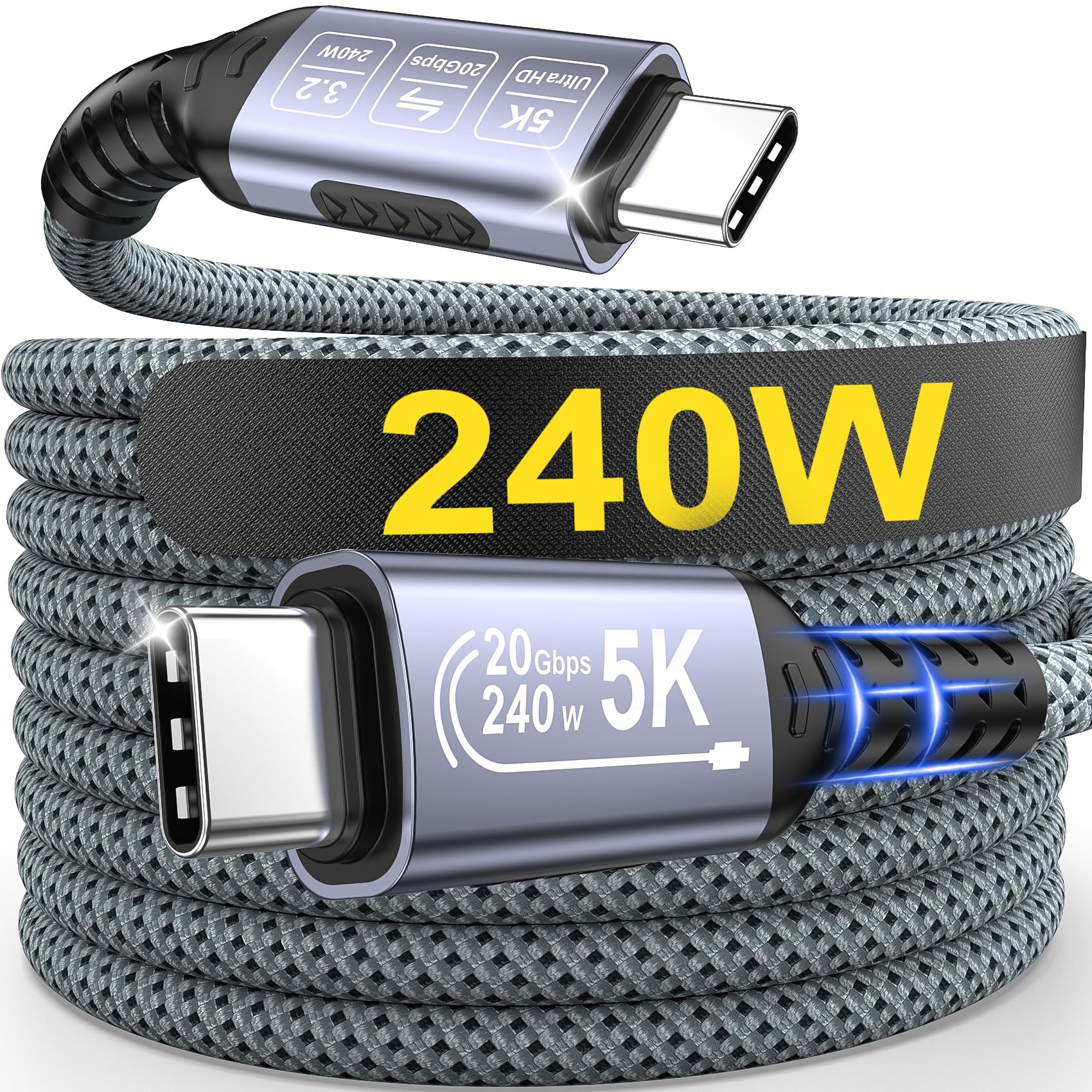 Câble USB C vers USB-C, 3m 240W Cable Type-C PD Charge Rapide, 20 Gbit/s, 5K/4K@60Hz pour iPhone 17/16 Pro Max, Samsung Galaxy S25/S24, iPad MacBook Air, Pixel 9, Xiaomi Switch PS5