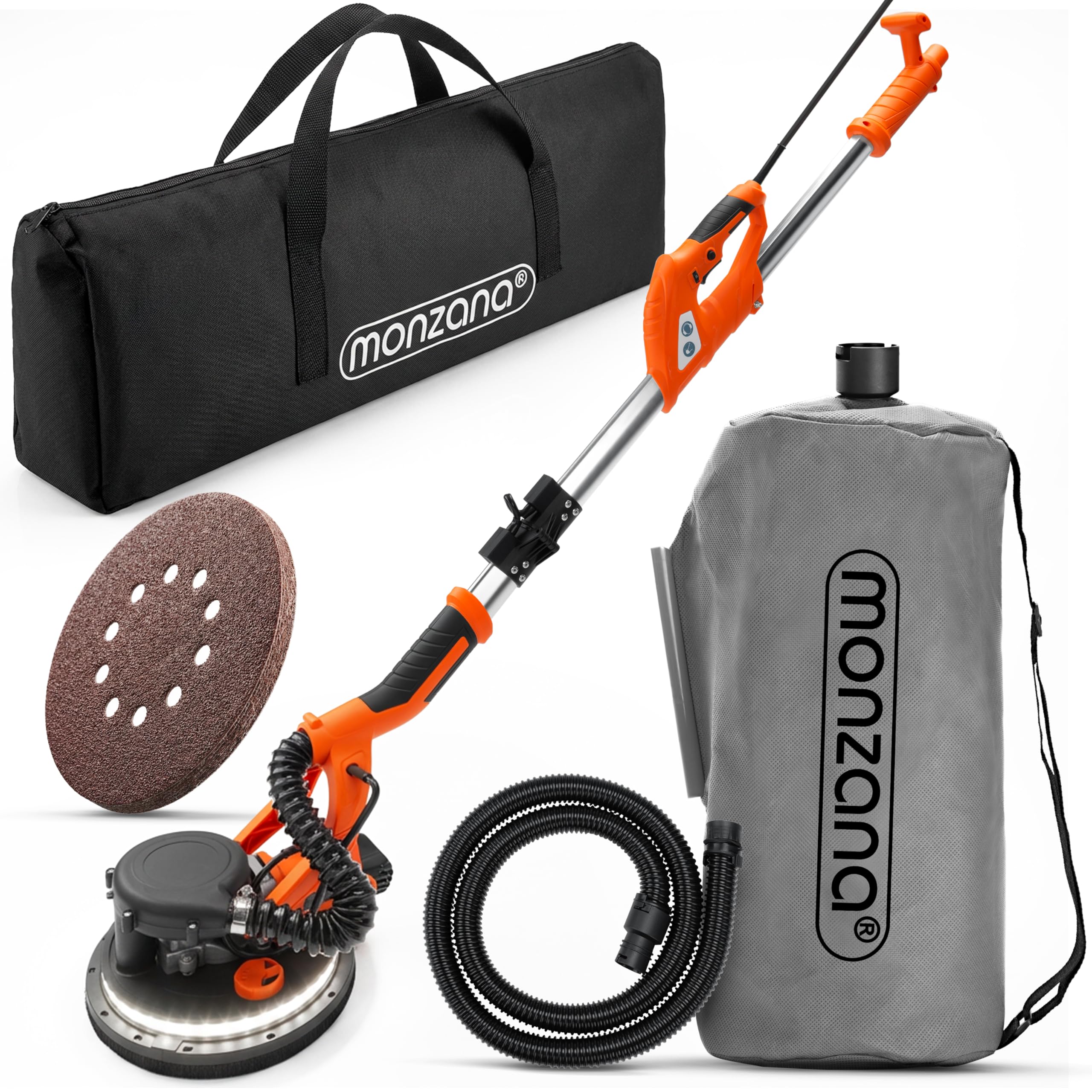 MONZANA Ponceuse girafe avec aspirateur 750 W | télescopique, ponçage mur plafond disque, lumière LED travaux outil, bricolage, machine à poncer, tête pivotante, 12x disques